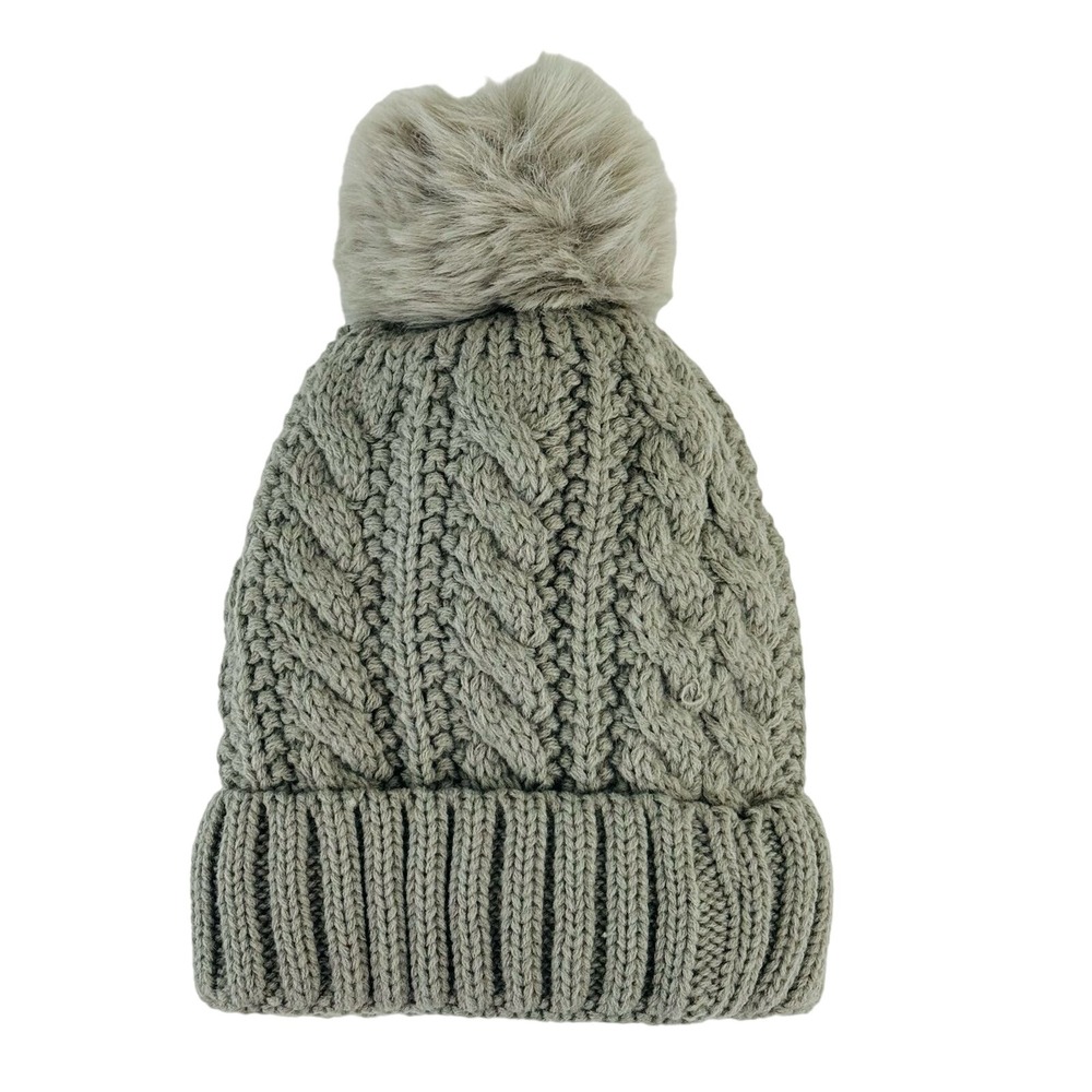 Cable‎ Knit Beanie Faux Fur Pom Pom Fleece Lined Winter Hat Cuffed Taupe Grey
